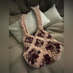 Handmade, crocheted granny square tote bag.